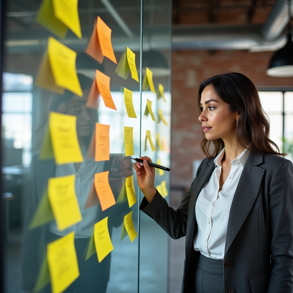 Manager che pianifica passi operativi su lavagna con post-it colorati in ufficio creativo