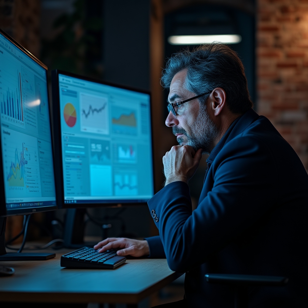 Manager uomo 48 anni che osserva monitor multipli con grafici sovrapposti, espressione concentrata, ufficio industriale con luci soffuse