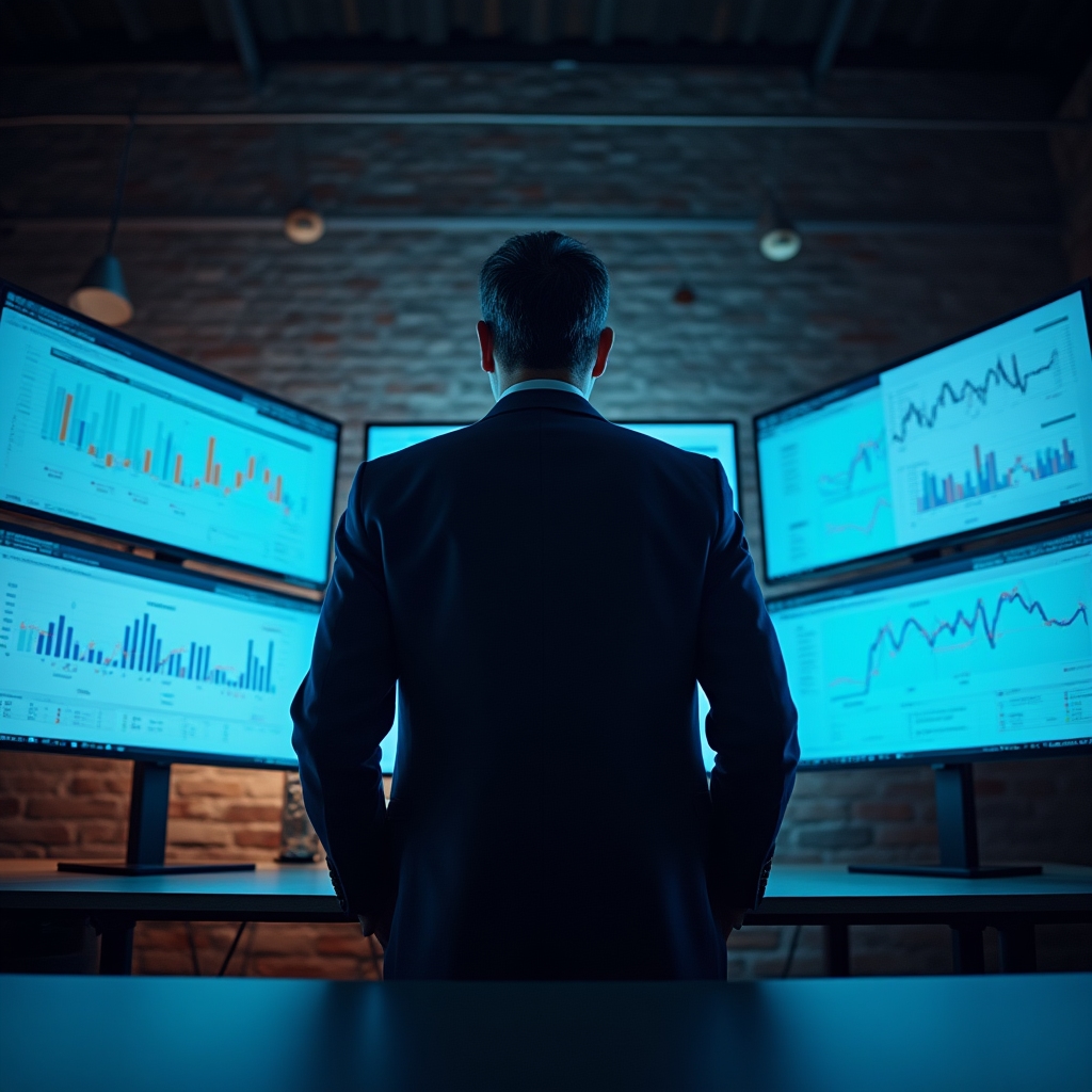 Professionista che analizza dashboard marketing complesso su monitor ad alta risoluzione