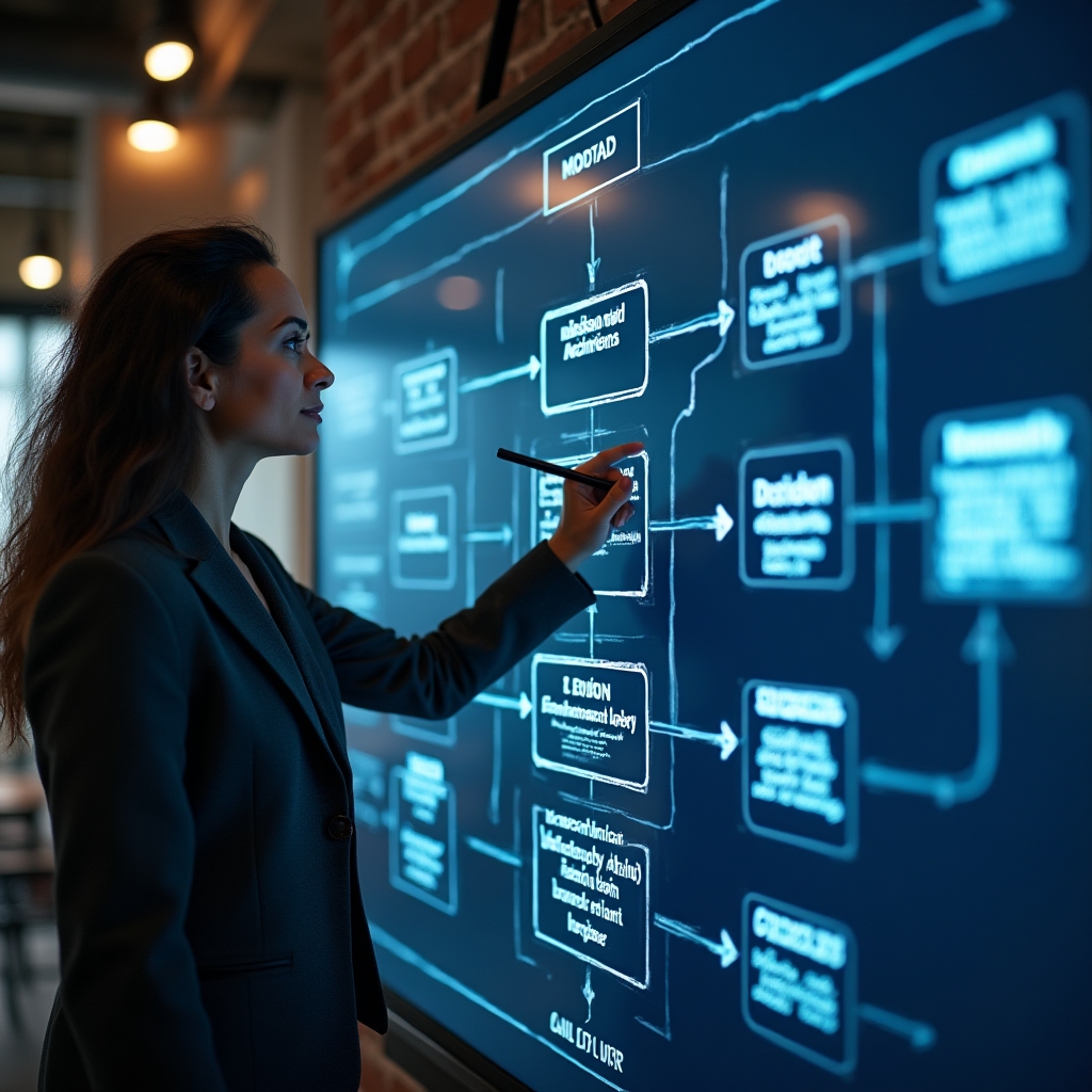 Workflow visuale che mostra la trasformazione di dati in decisioni operative su lavagna digitale