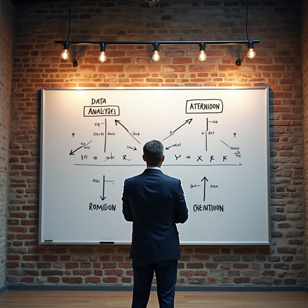 Rappresentazione visiva del gap tra analisi dati e decisione operativa, lavagna con schema a frecce in ufficio loft