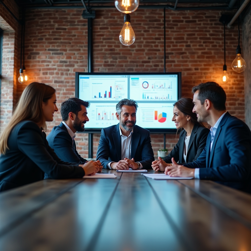 Team marketing che analizza dati su schermi multipli in ufficio moderno