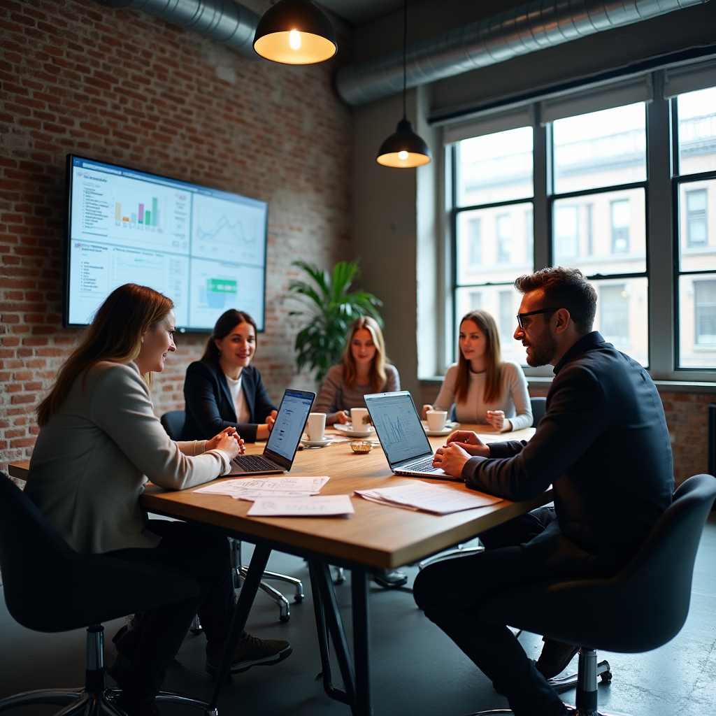 Team marketing in sessione strategica attorno a tavolo con schermi di dati, ufficio loft industriale
